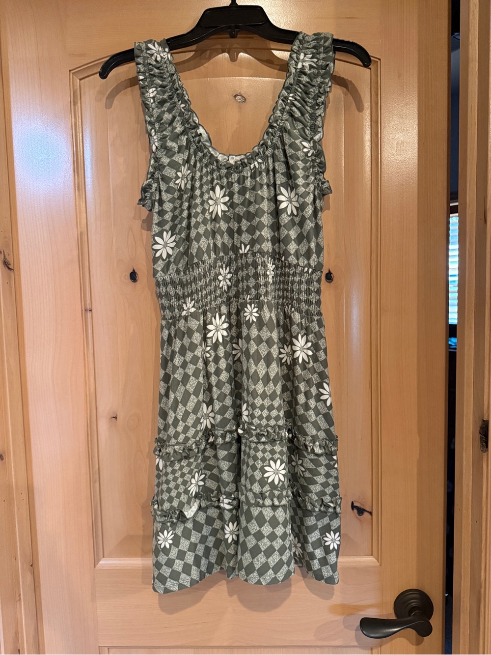 No Boundaries Olive Green Daisy Check Ruffled Sundress